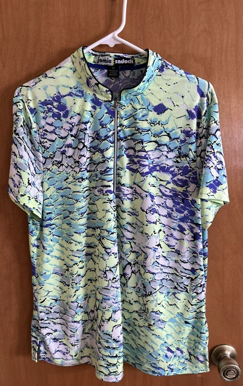 Jamie Sadock Women's Top XL Multicolor Short Sleeve 1/4 Zip Abstract Golf